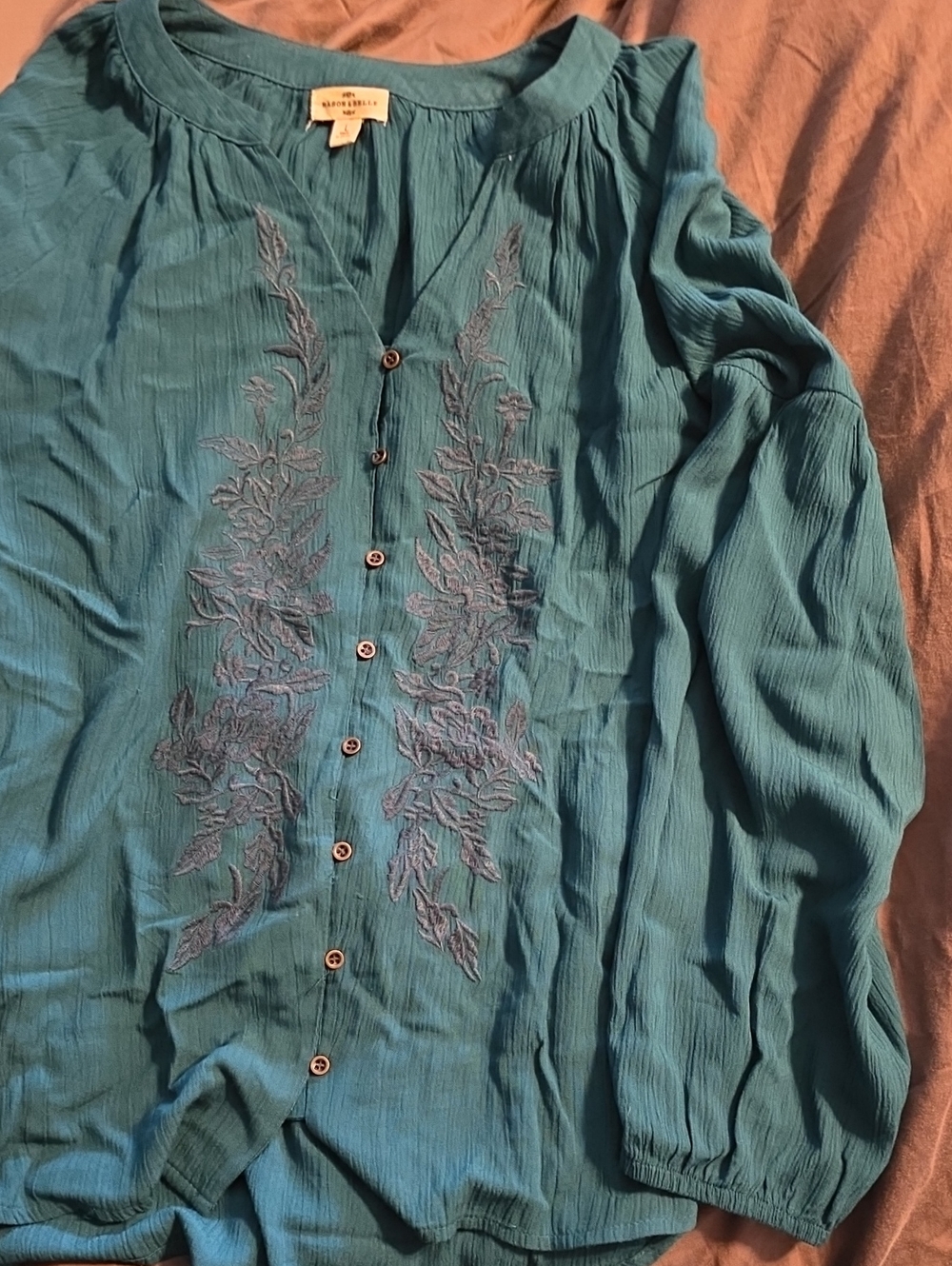 Green Embroidered Button-Front Blouse